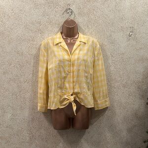 Jones Studio Yellow Gingham Tie-Front Button Down Shirt